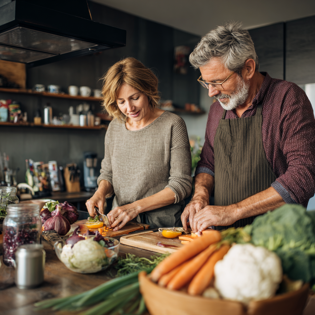 Middle-aged adults preparing healthy meals in modern kitchen